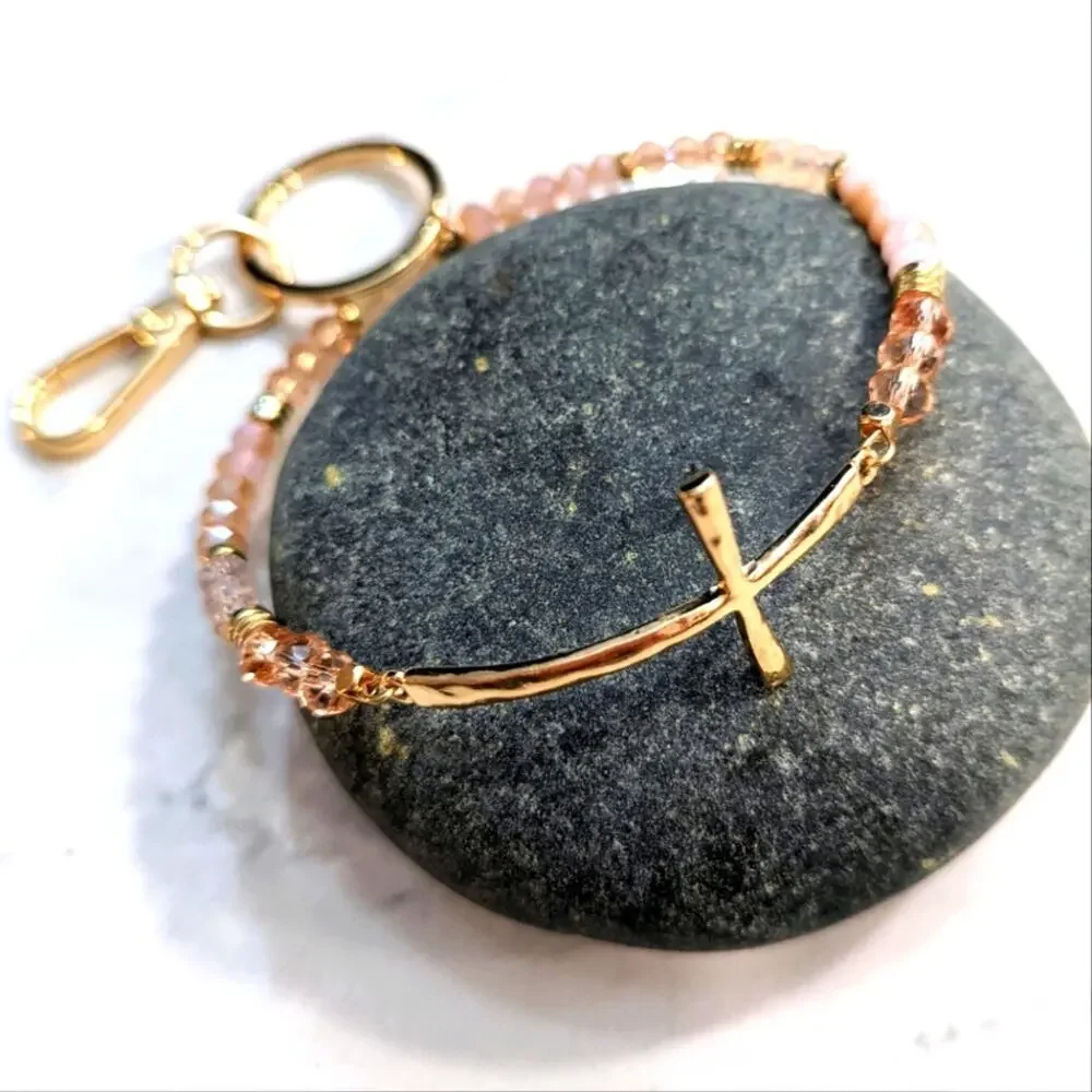 GOLD TONE CROSS Pink Glass Bead Bracelet Style Hoop Key Chain with Closed Hook